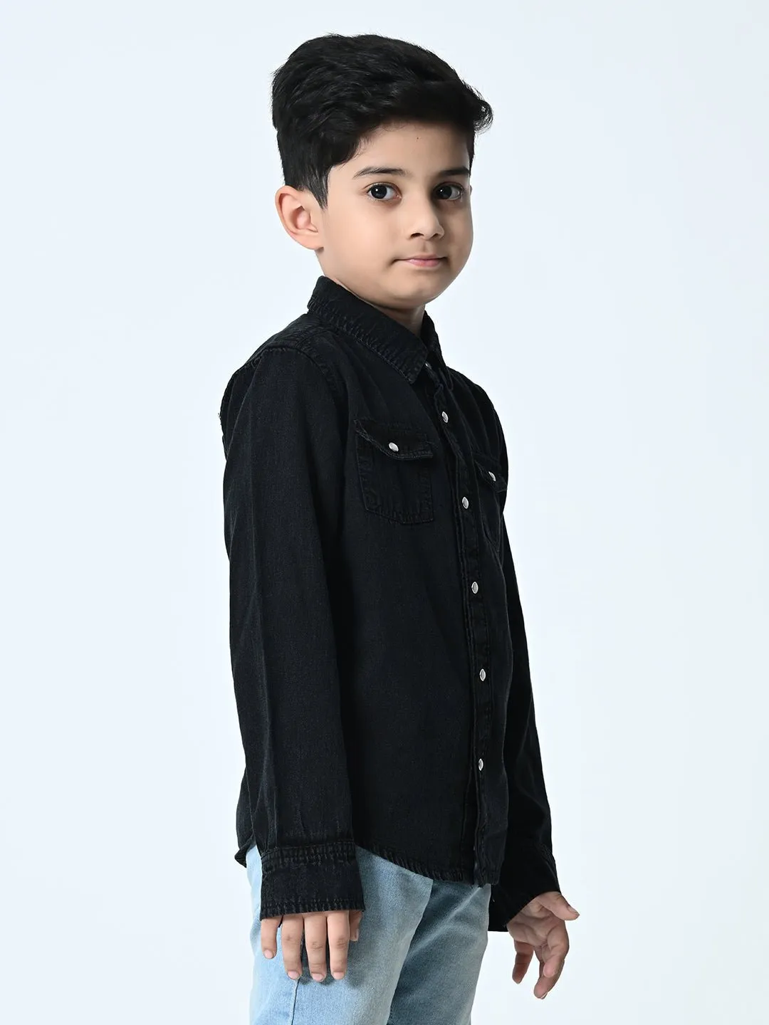 Kids Washed Faded Casual Denim Black Shirt