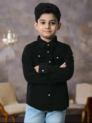 Kids Washed Faded Casual Denim Black Shirt