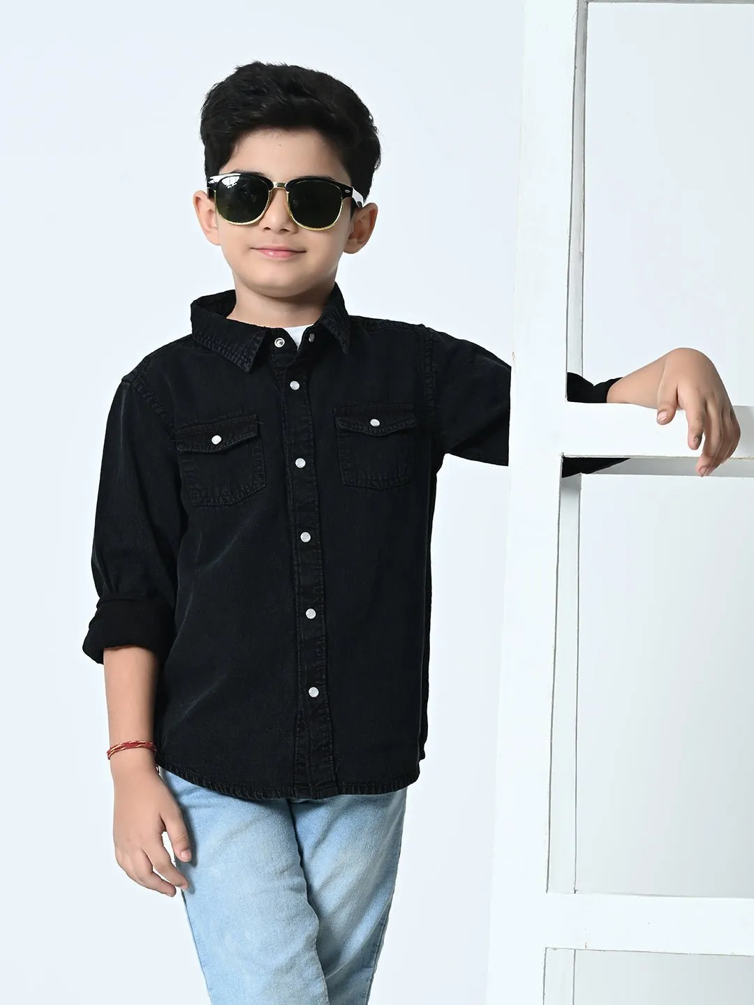 Kids Washed Faded Casual Denim Black Shirt