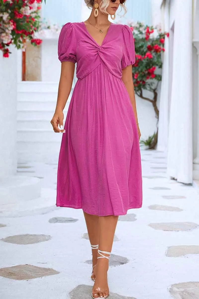 Chic formal attire KINK V NECK BALLOON SLEEVE RUFFLED MIDI DRESS
