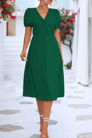 KINK V NECK BALLOON SLEEVE RUFFLED MIDI DRESS Semi Fit