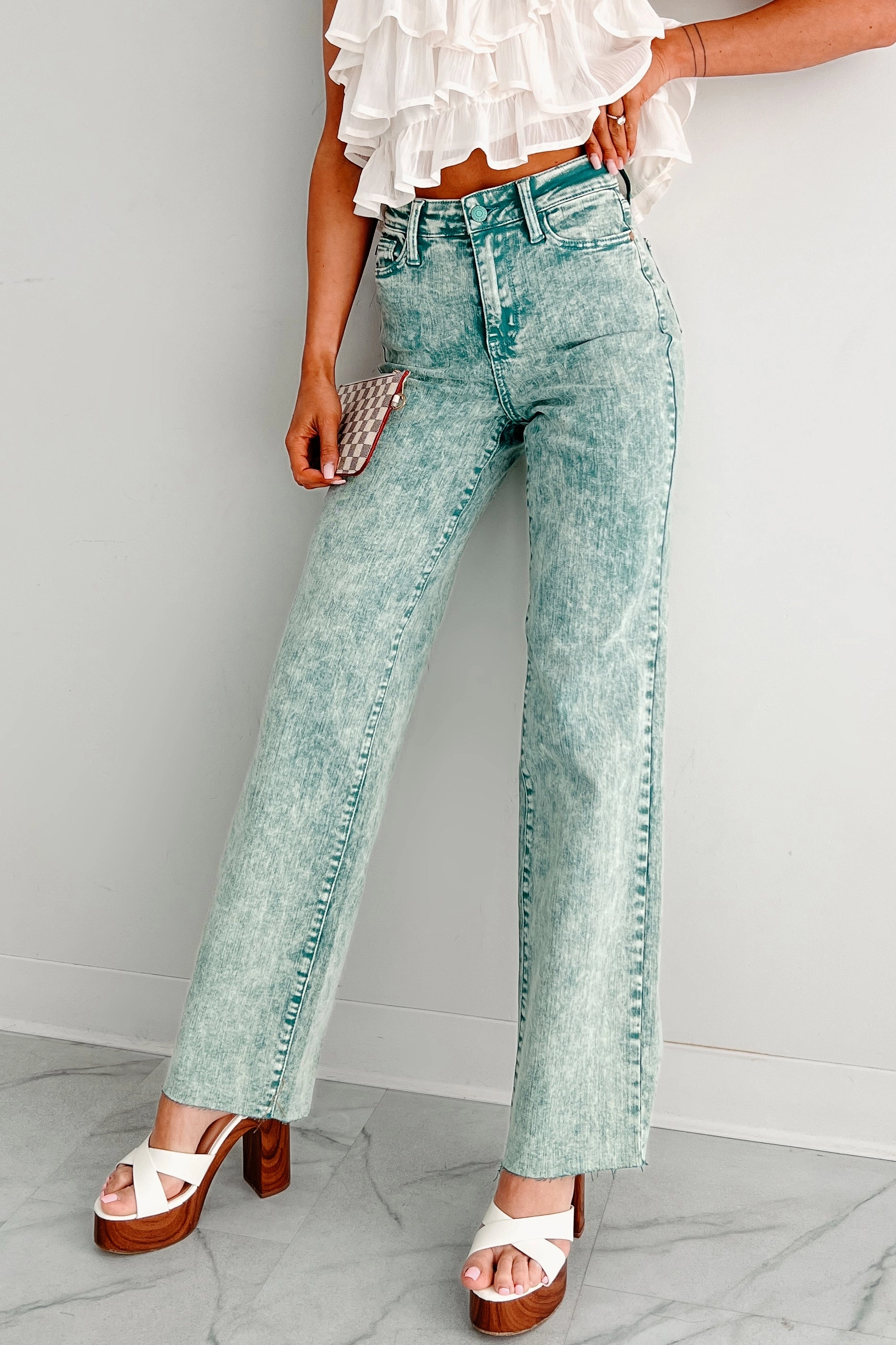 Kinsley Judy Blue Washed Straight Jeans (Sea Green) CompressionFitFabric Soft Feel