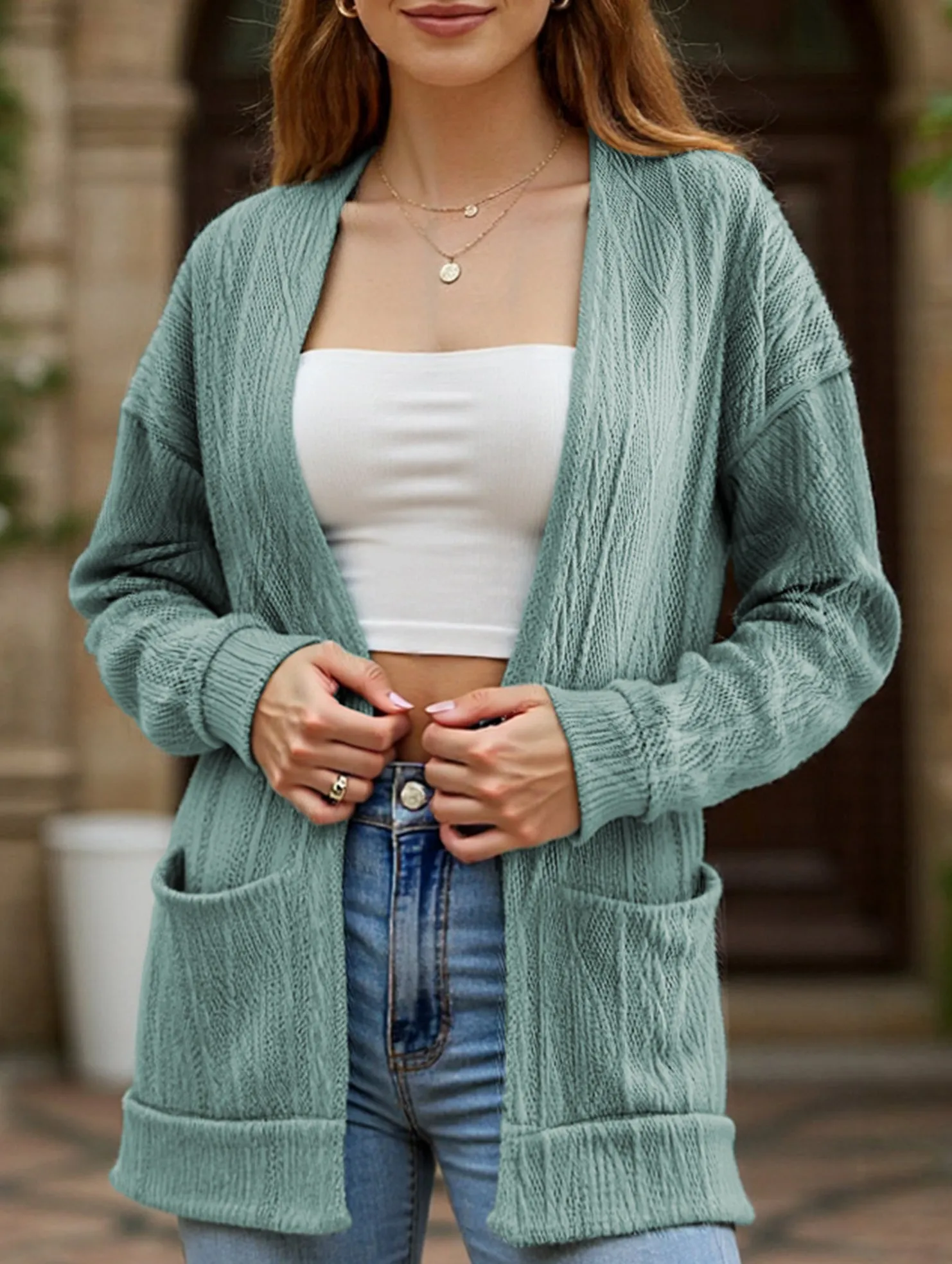 Knitted drop shoulder double pocket cardigan Heat Friendly