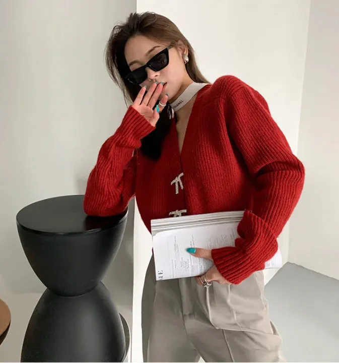 Knitted Long Sleeve Short Women Cardigan