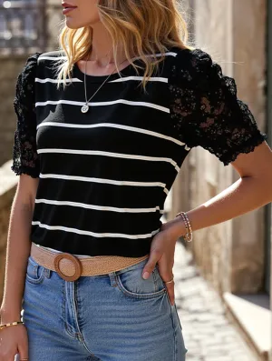 DoubleStitched Construction Lace Short Sleeve Striped Slim Fit Top ??S to XL