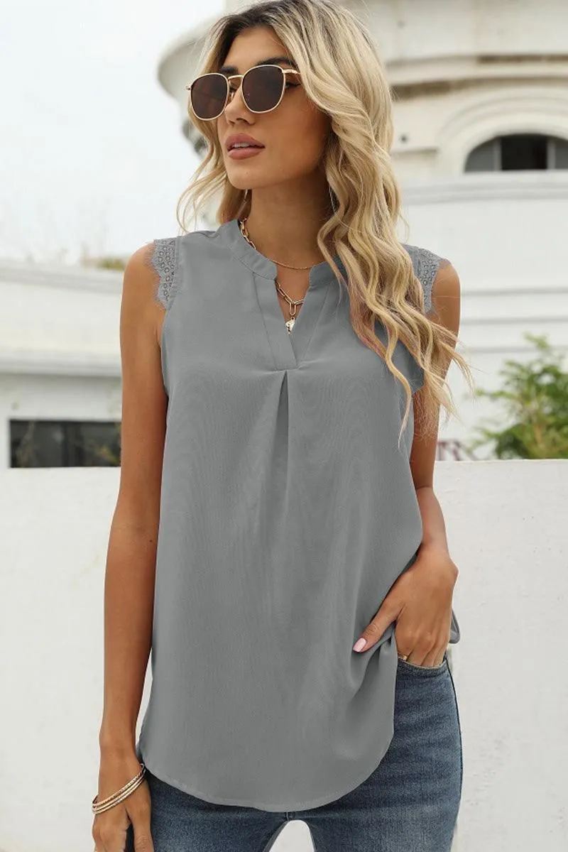HypoallergenicMaterial FoamReinforcedCollar LACE SLEEVELESS FOLDED CHEST V NECK TUNIC TOP