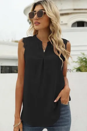 LACE SLEEVELESS FOLDED CHEST V NECK TUNIC TOP Minimalist Stitching