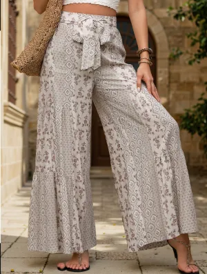 Lace-up geometric floral-print wide-leg pants Frayed hem Warm design