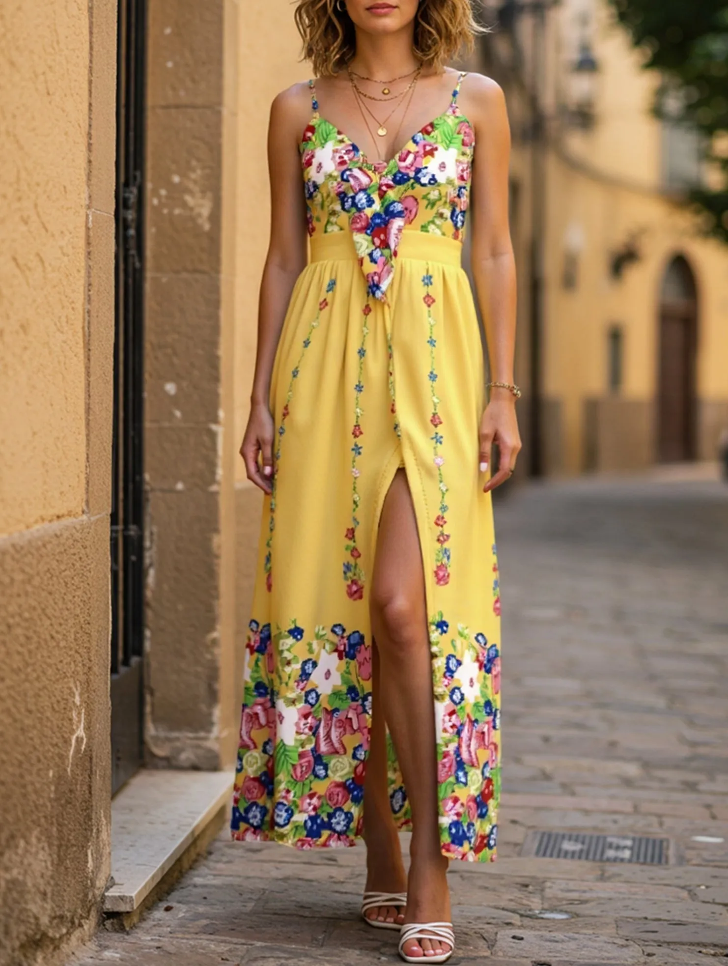 Modern Form Mood Look LACE-UP SEXY HALTER DRESS COVERED IN FLOWERS