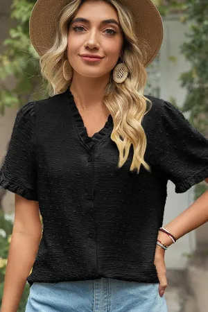 LACE V NECK PRINCESS SLEEVES CHIFFON DOT BLOUSE PreShrunkFabric