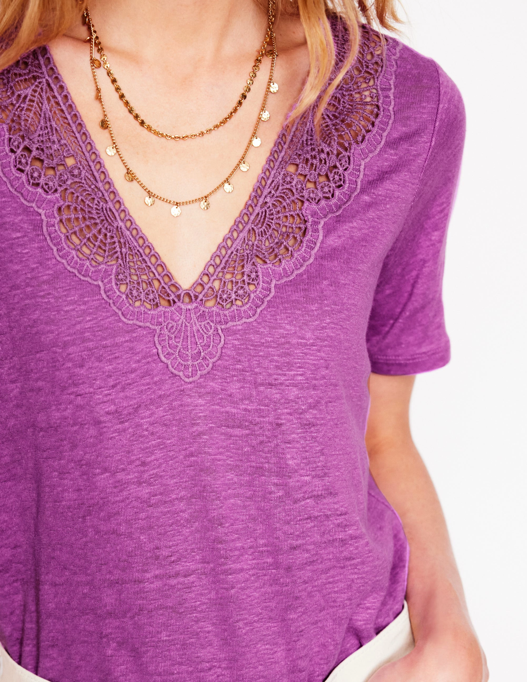 Lace Trim Linen T-shirt-Liatris SleevelessOption Vintage Pullover