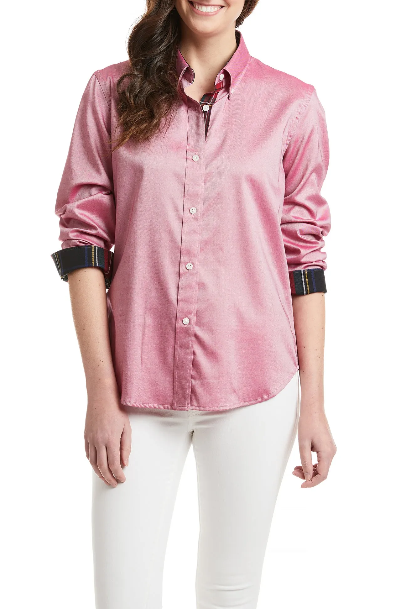 Ladies Button Down Shirt Red Oxford with Black Stewart Trim Wrinkle Resistant Finish PlacketDetail