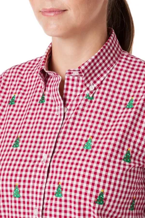 Soft Wool Ladies Button Down Shirt Wide Gingham Red with Christmas Tree