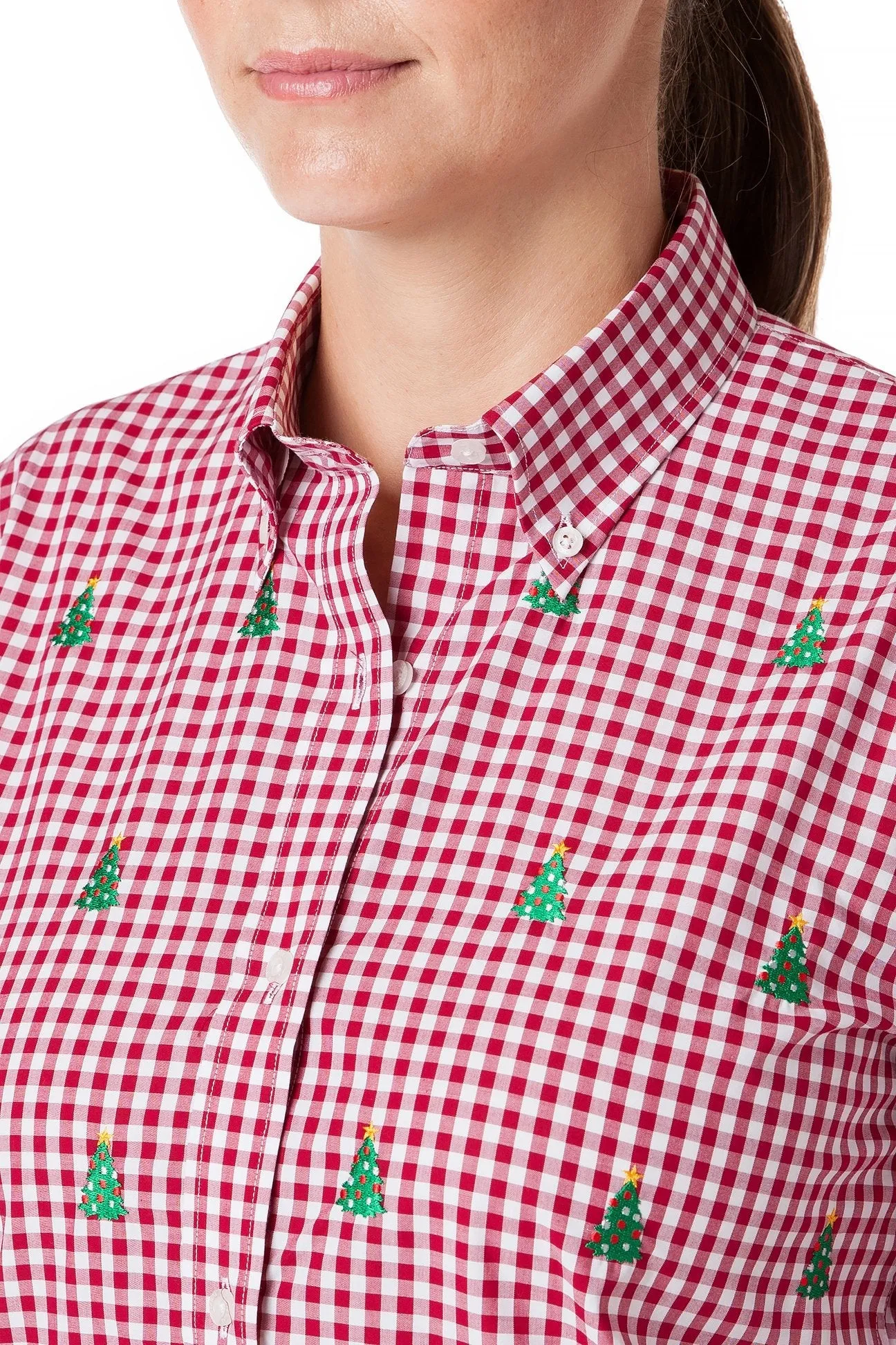 Soft Wool Ladies Button Down Shirt Wide Gingham Red with Christmas Tree