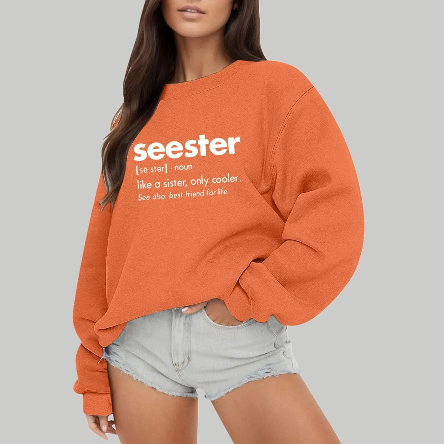 Ladies Fashion Autumn Winter Outdoor Letter Printed Loose Solid Color Long Sleeve Round Neck Hoodie Cropped