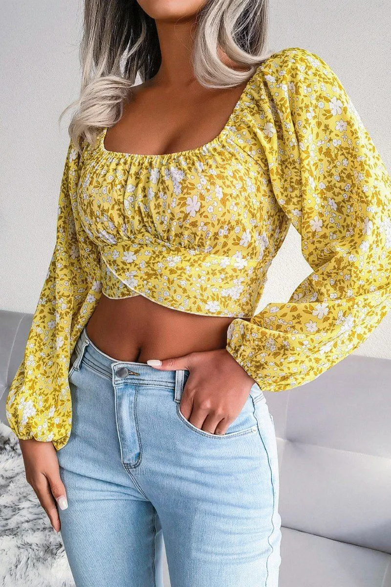 LANTERN SLEEVE BOW FLORAL CHIFFON CROP BLOUSE EcoCertified CarbonNeutral Production