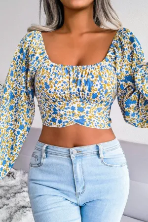 BreathableMesh Long Sleeve Tee LANTERN SLEEVE BOW FLORAL CHIFFON CROP BLOUSE