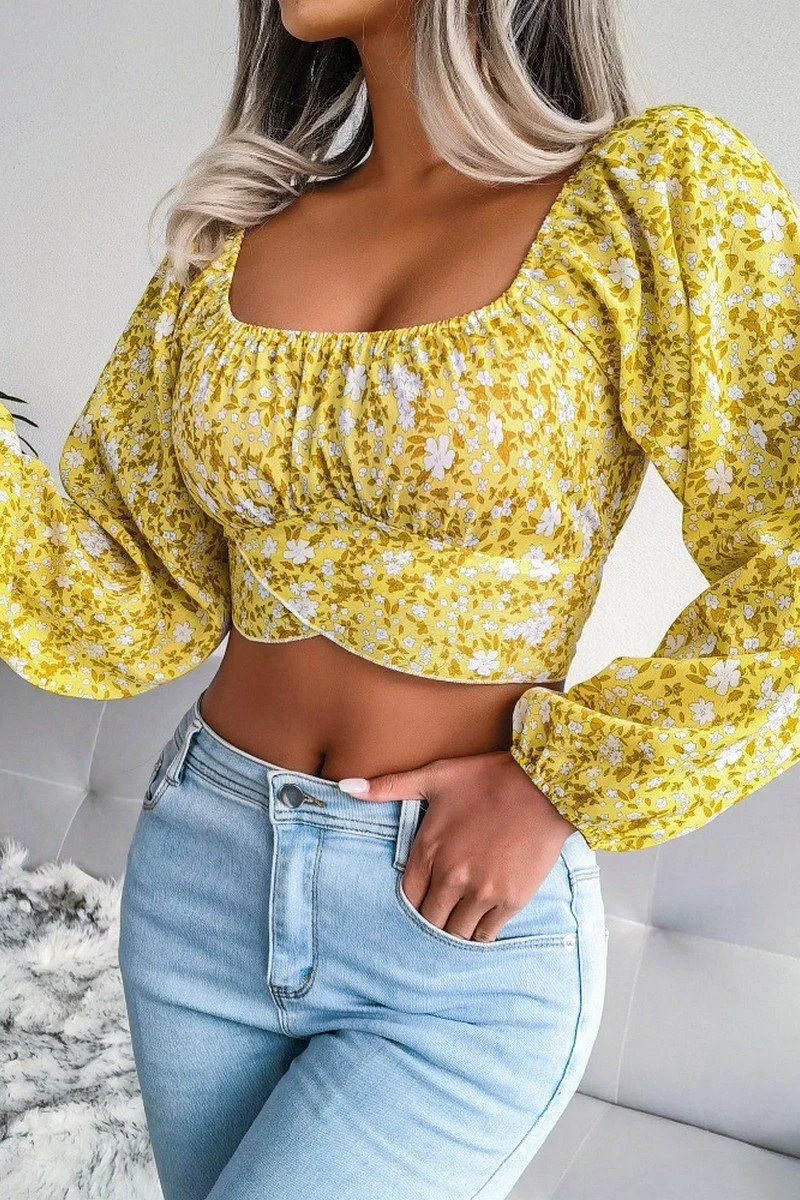 Adjustable Hem Toggles LANTERN SLEEVE BOW FLORAL CHIFFON CROP BLOUSE
