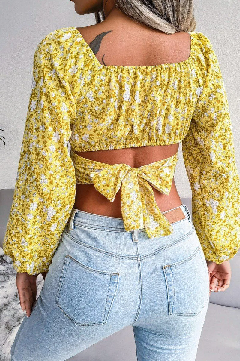 Fade Resistant Dye LANTERN SLEEVE BOW FLORAL CHIFFON CROP BLOUSE