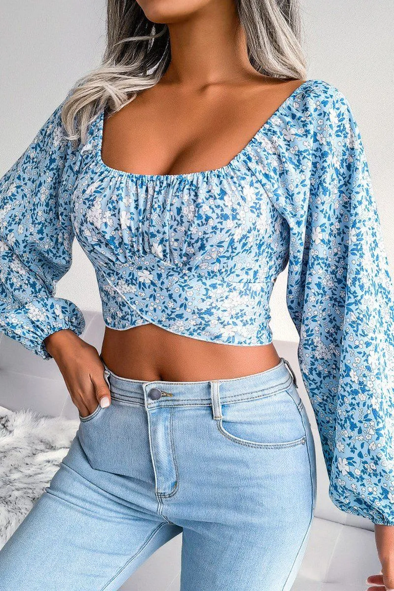 LANTERN SLEEVE BOW FLORAL CHIFFON CROP BLOUSE Reinforced Neckline Detail Metallic Fiber Blend