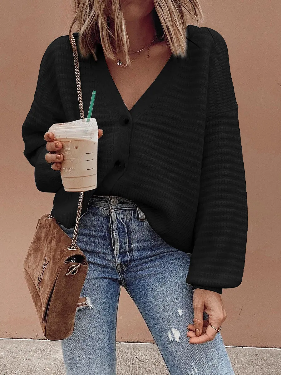 Lantern Sleeve V-Neck Button Sweater