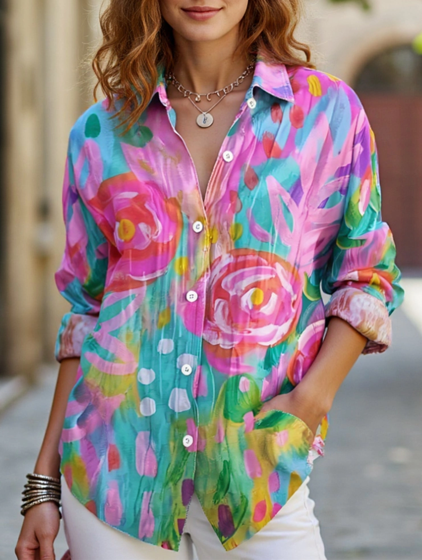 Lapel shirt with floral print cardigan Reinforced Neckline Detail