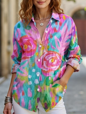 Lapel shirt with floral print cardigan Recycled Fiber Blend Antibacterial Fabric