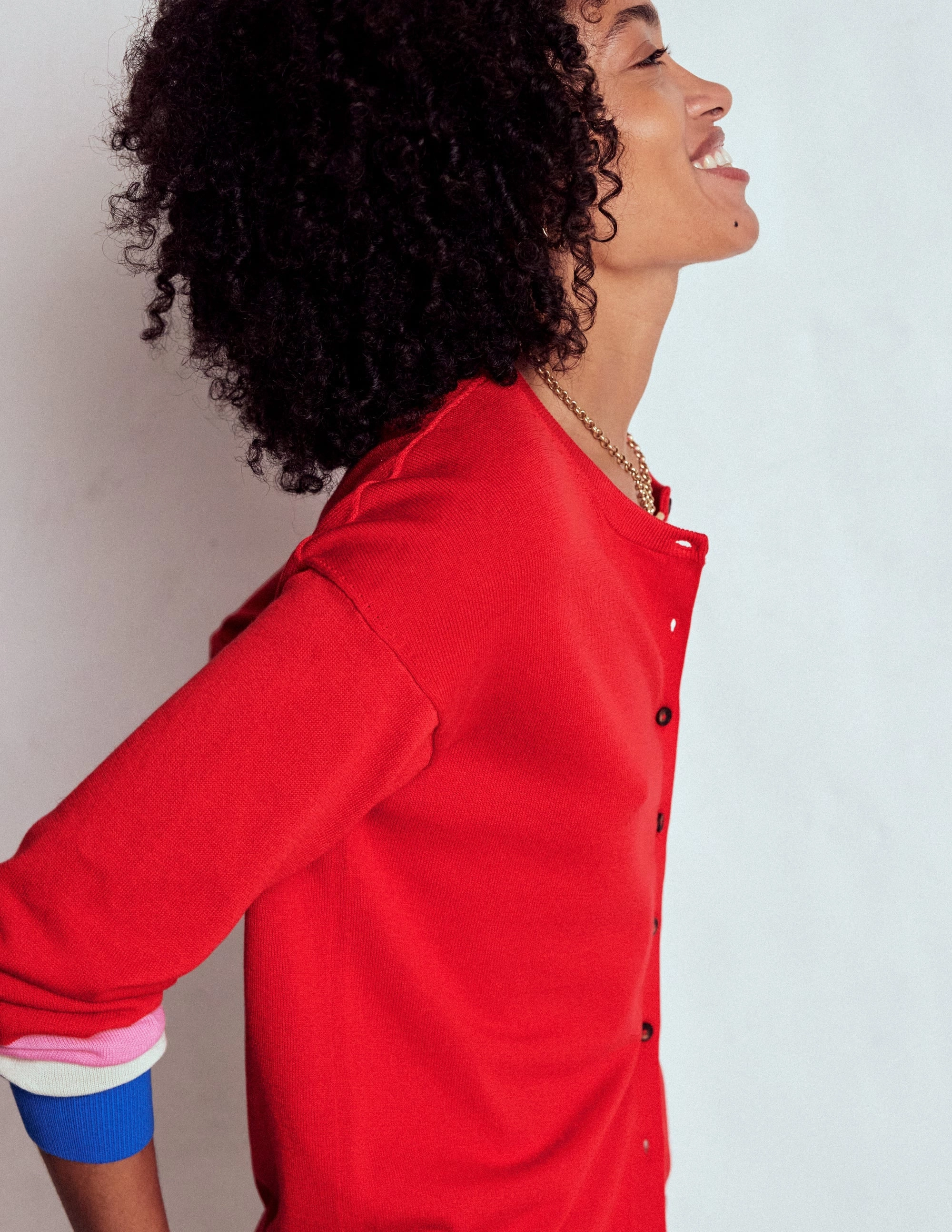 Compressed Stitch Twisted Cable Pattern Lara Relaxed Cotton Cardigan-Poppy Red, Cuff Stripe