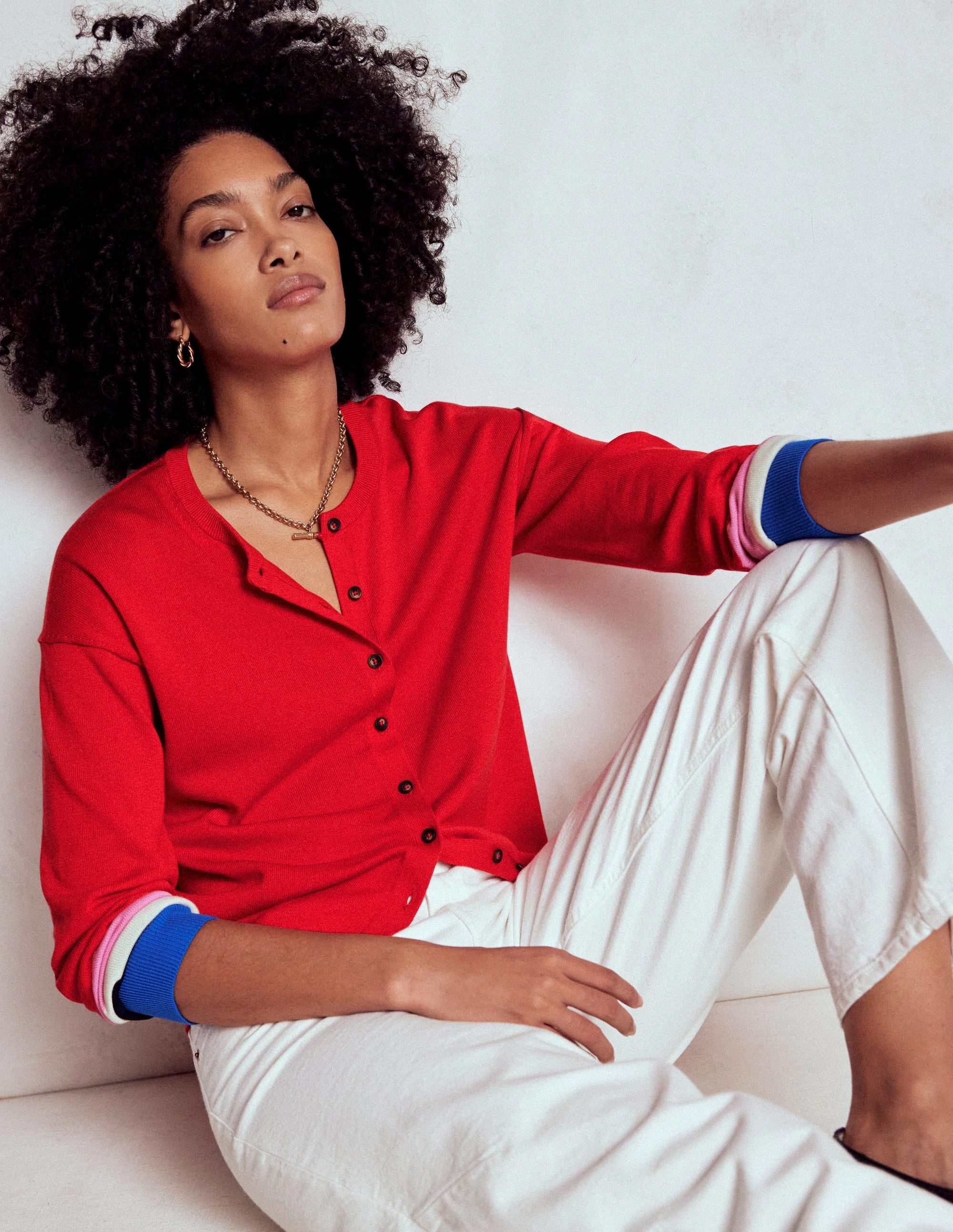 Non Chafing Fabric Lara Relaxed Cotton Cardigan-Poppy Red, Cuff Stripe