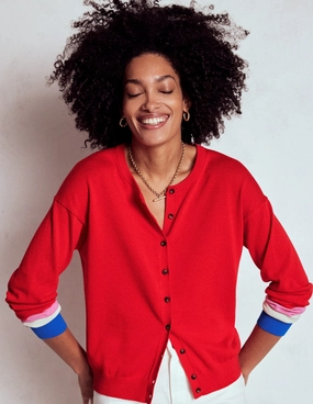 Lara Relaxed Cotton Cardigan-Poppy Red, Cuff Stripe Stay Simple