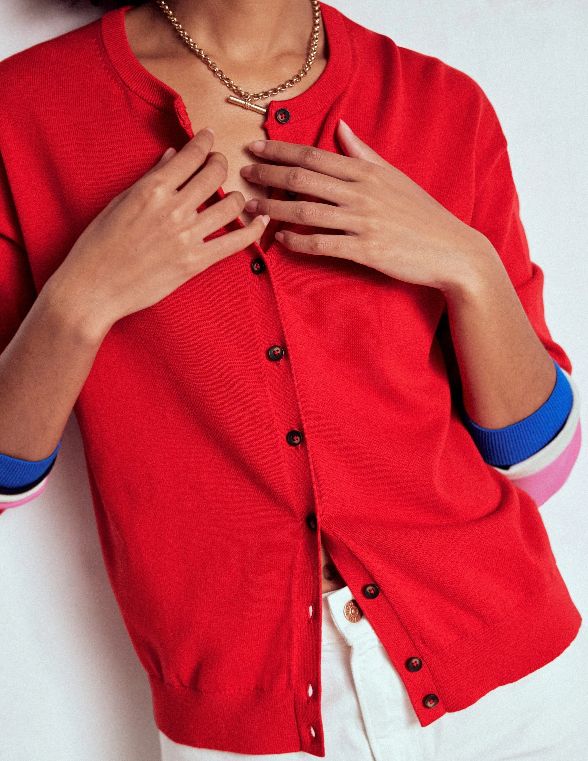 Lara Relaxed Cotton Cardigan-Poppy Red, Cuff Stripe Office Trend