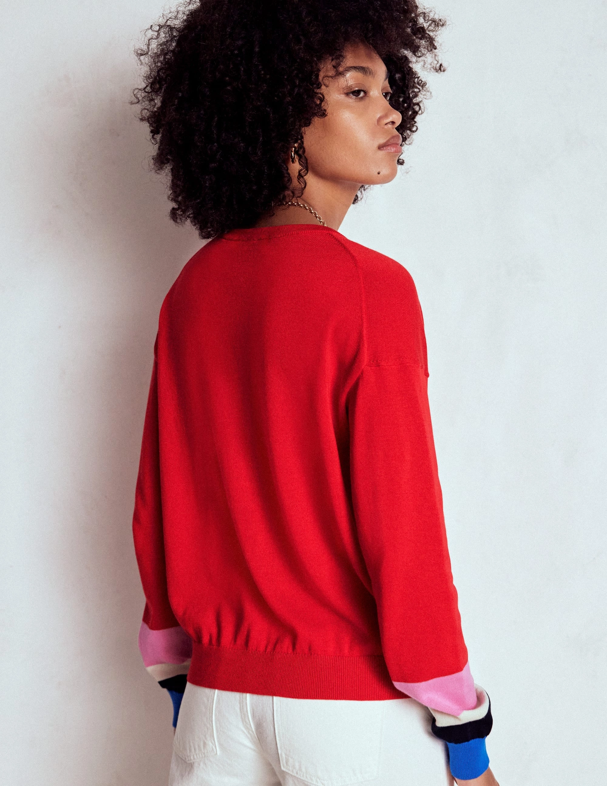 Low Maintenance Knit Lara Relaxed Cotton Cardigan-Poppy Red, Cuff Stripe