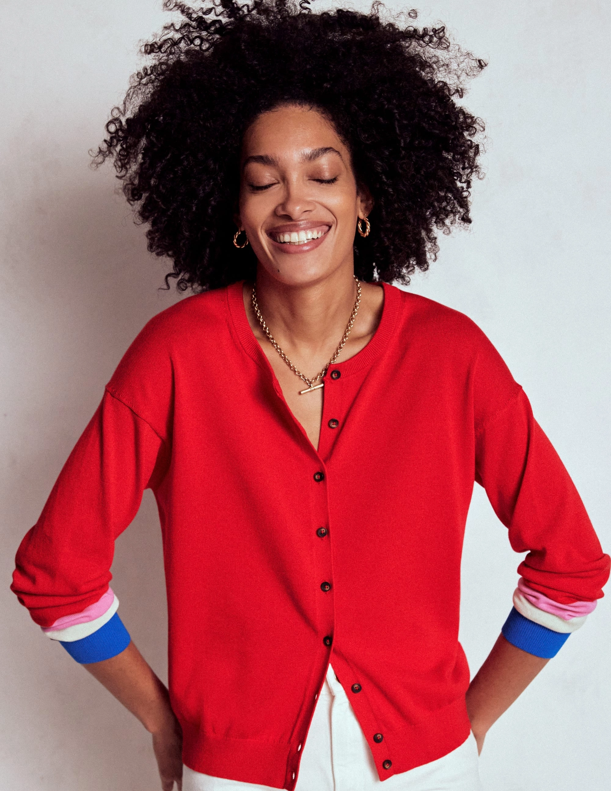Lara Relaxed Cotton Cardigan-Poppy Red, Cuff Stripe Stay Simple