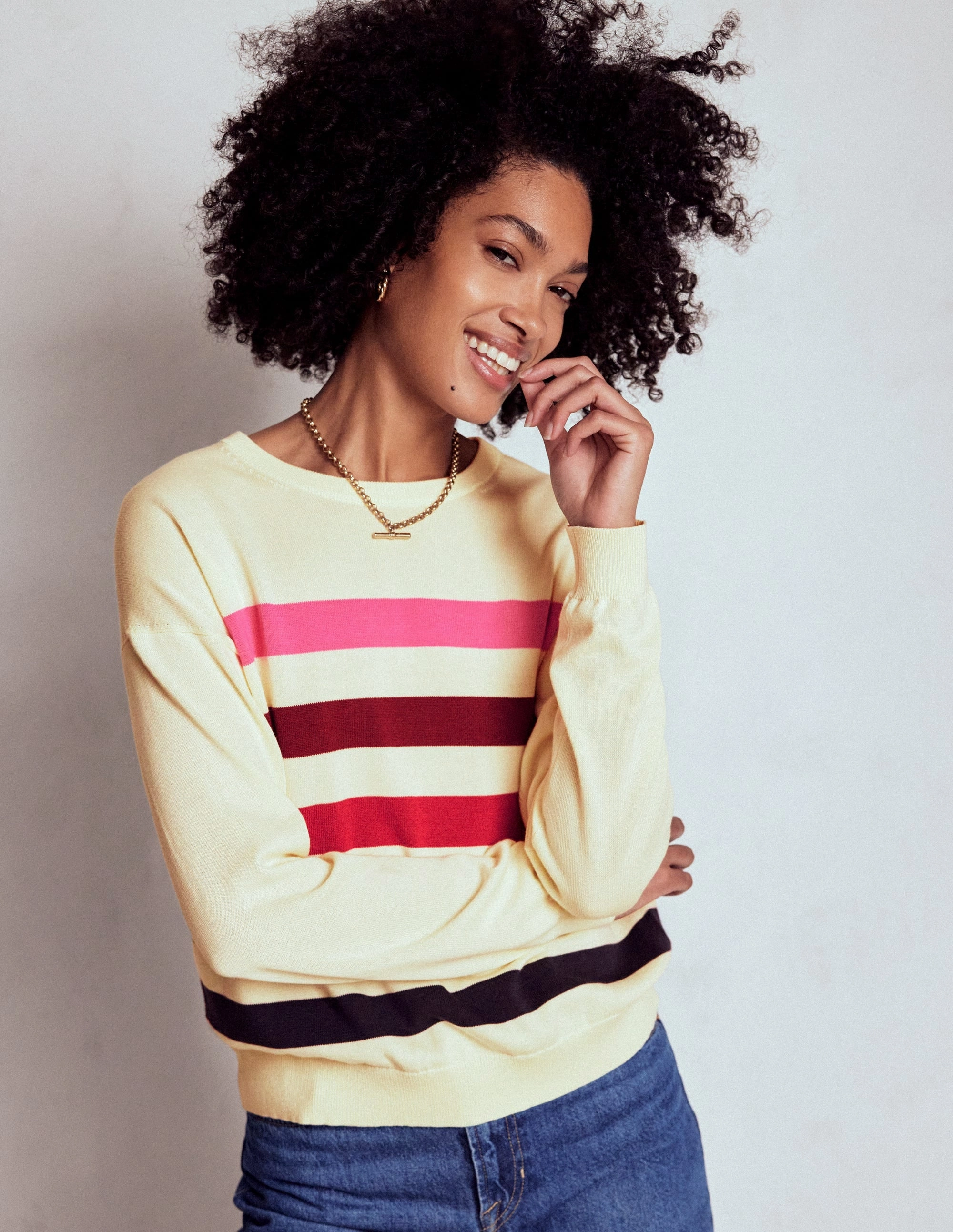 Lara Relaxed Cotton Jumper-Ivory, Multi Stripe Outdoor Warmth Tagless Design