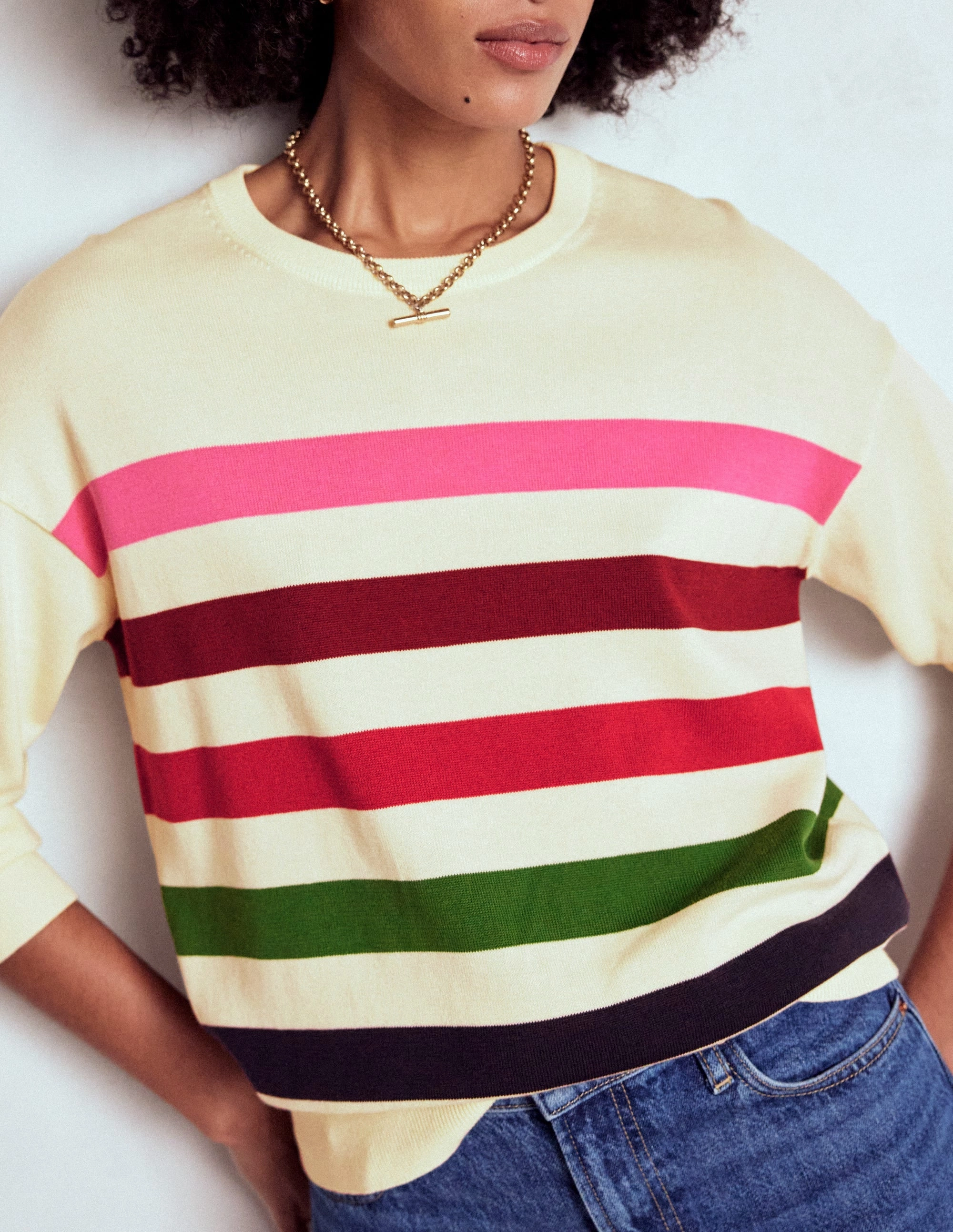 Lightweight Jersey Material Ventilated Mesh Panels Lara Relaxed Cotton Jumper-Ivory, Multi Stripe