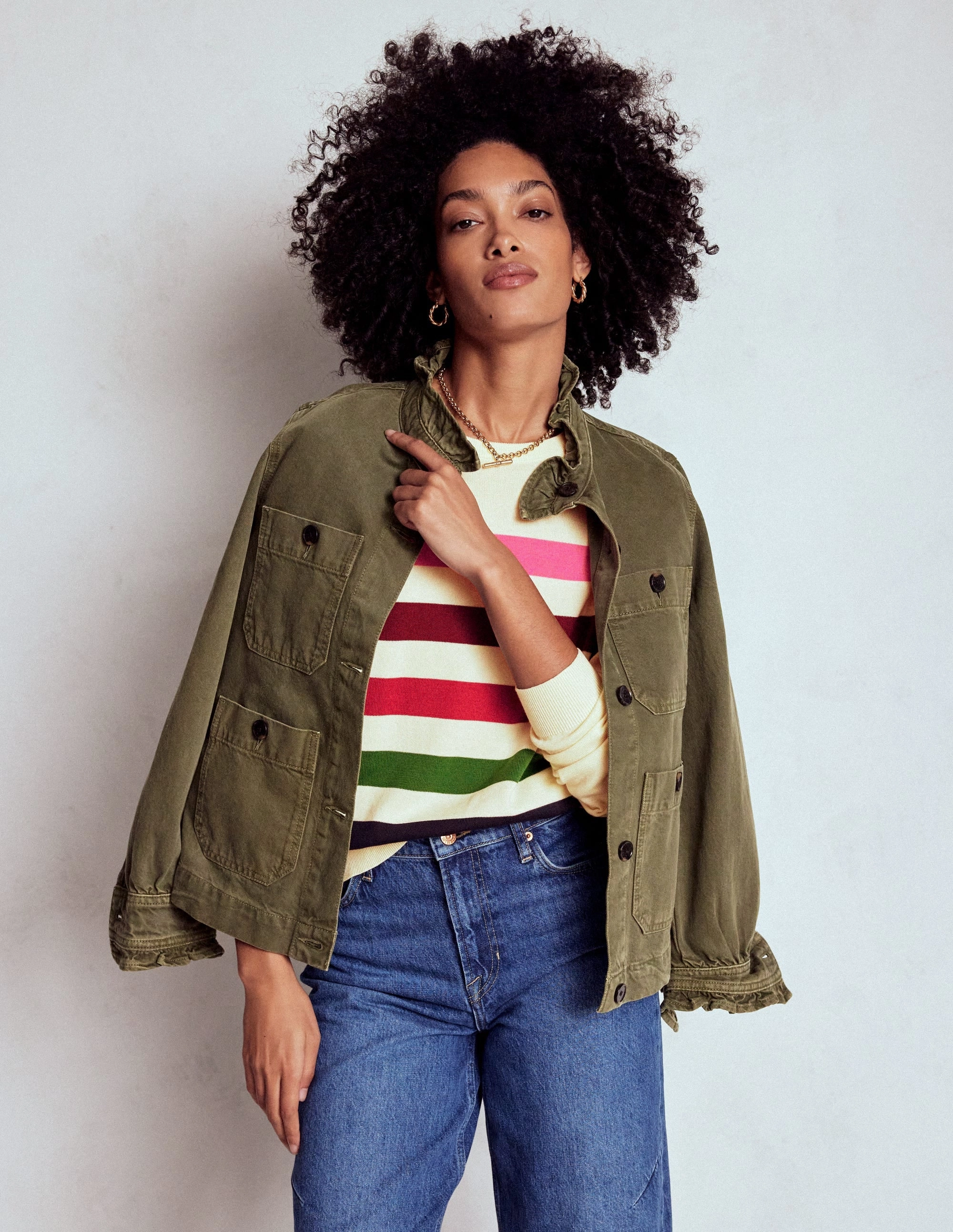 Lara Relaxed Cotton Jumper-Ivory, Multi Stripe Slub Texture