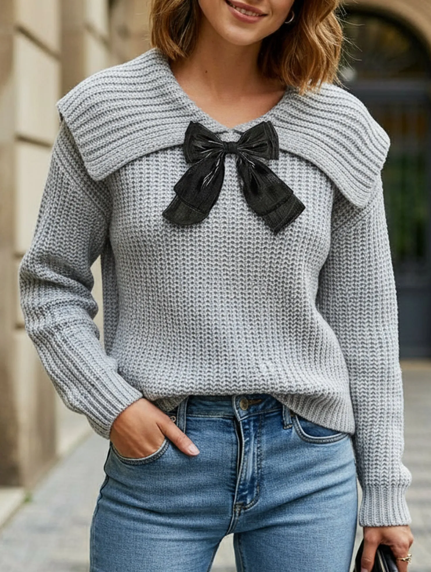 Large lapel bow-tie pullover sweater High Stretch Fabric