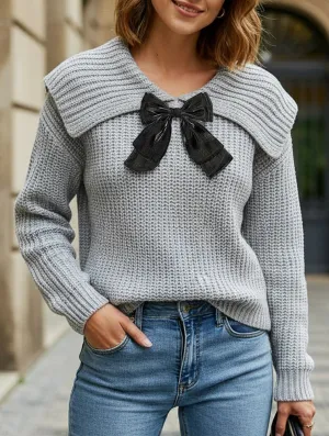 Large lapel bow-tie pullover sweater High Stretch Fabric