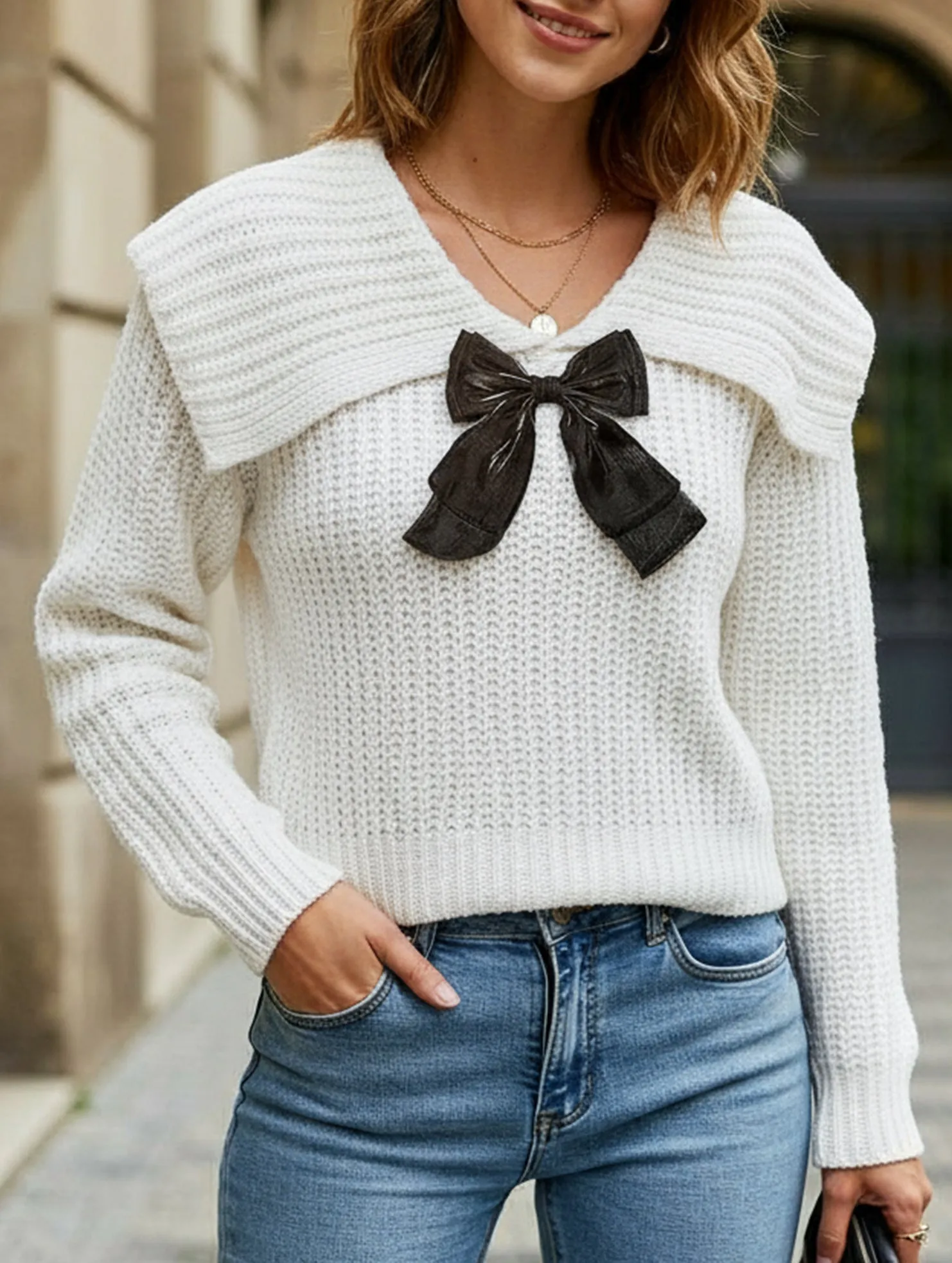 Large lapel bow-tie pullover sweater Stylish Jacket
