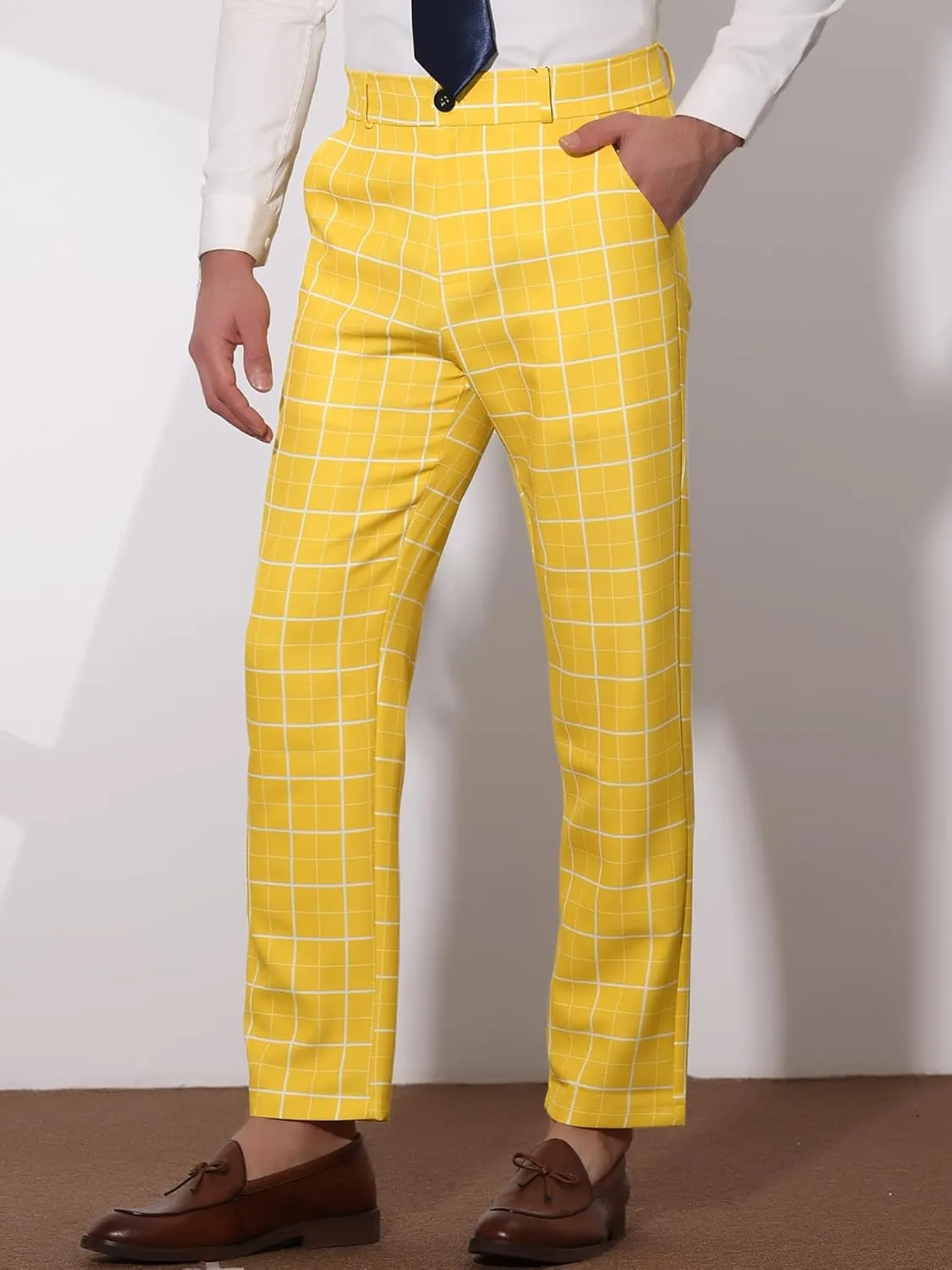 Lars Amadeus Men's Formal Trousers Color Block Slim Fit Flat Front Plaid Dress Pants