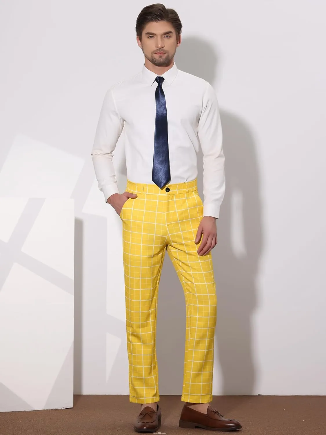 Lars Amadeus Men's Formal Trousers Color Block Slim Fit Flat Front Plaid Dress Pants