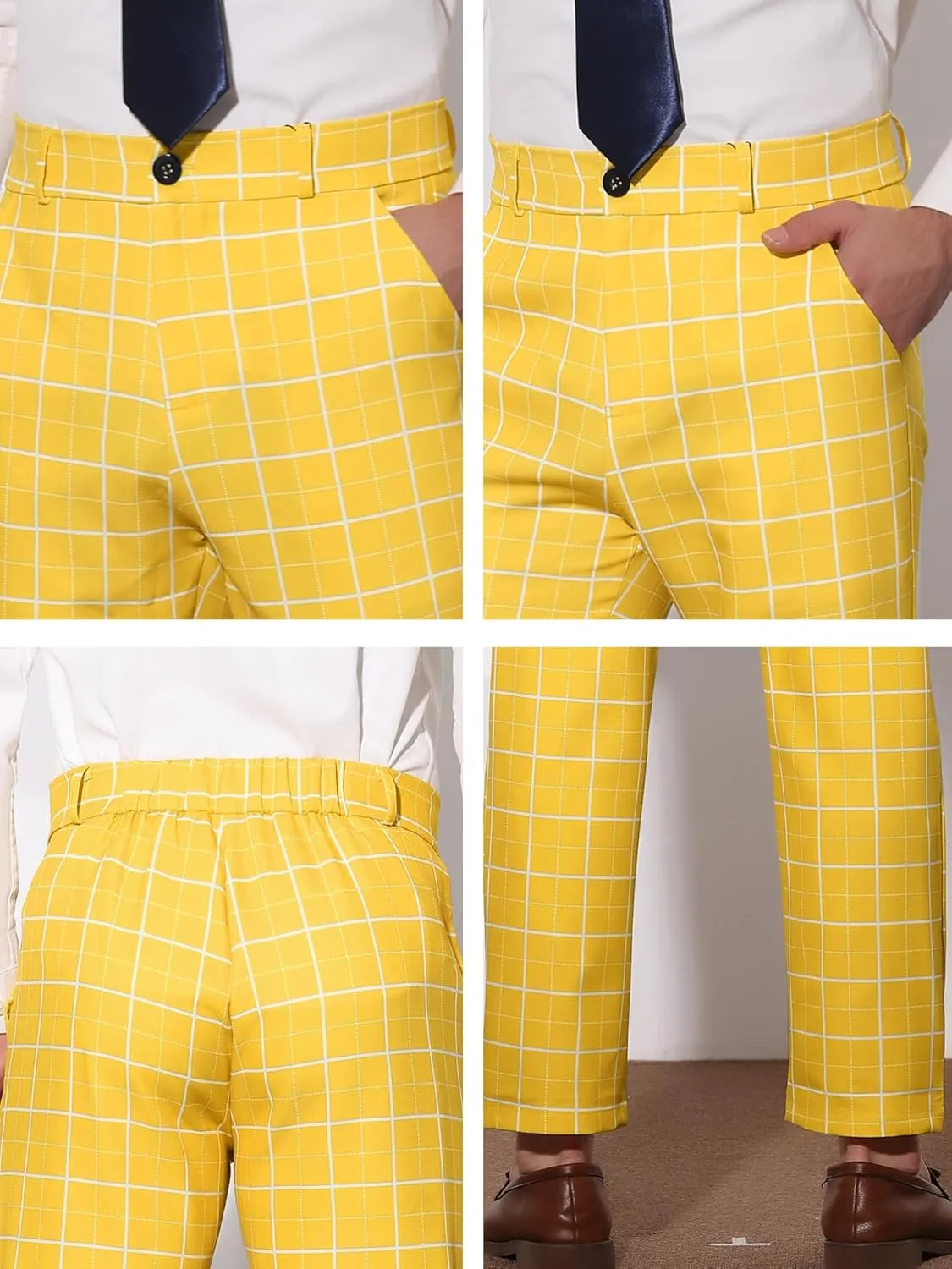 Lars Amadeus Men's Formal Trousers Color Block Slim Fit Flat Front Plaid Dress Pants