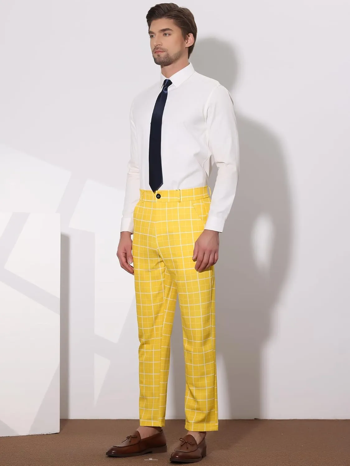 Lars Amadeus Men's Formal Trousers Color Block Slim Fit Flat Front Plaid Dress Pants