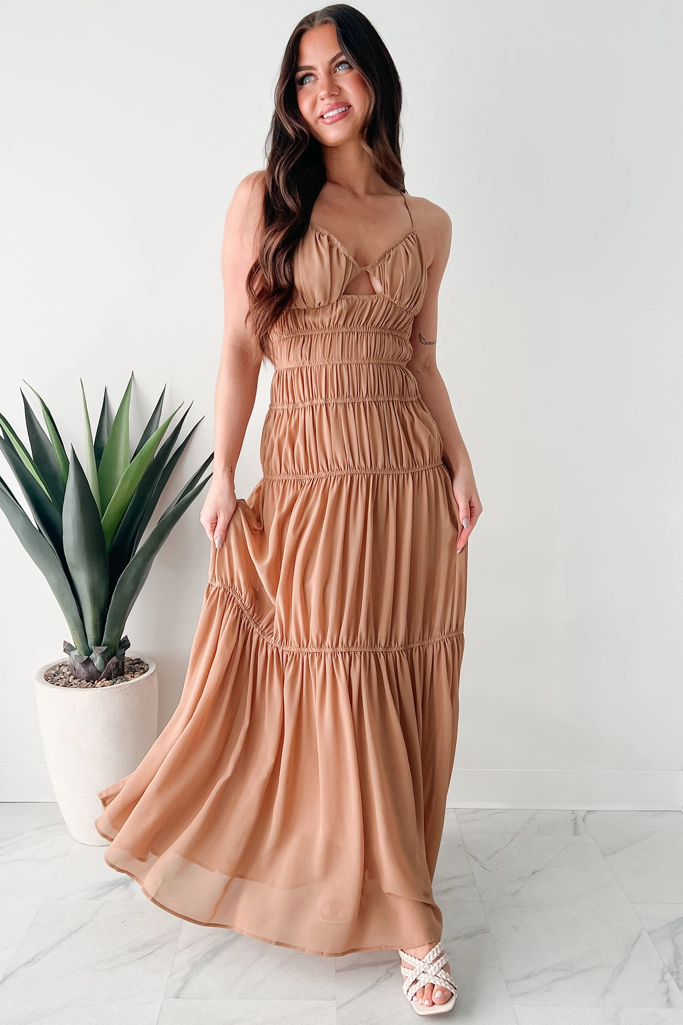 Strolling In Sicily Ruched Maxi Dress (Tan) Modern Waistband Climate-Adaptive