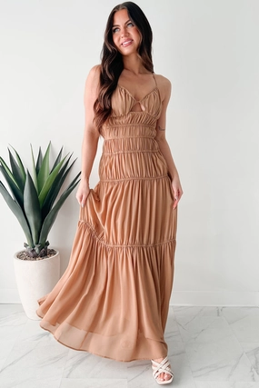 Effortless Fit Design Casual Motion Strolling In Sicily Ruched Maxi Dress (Tan)