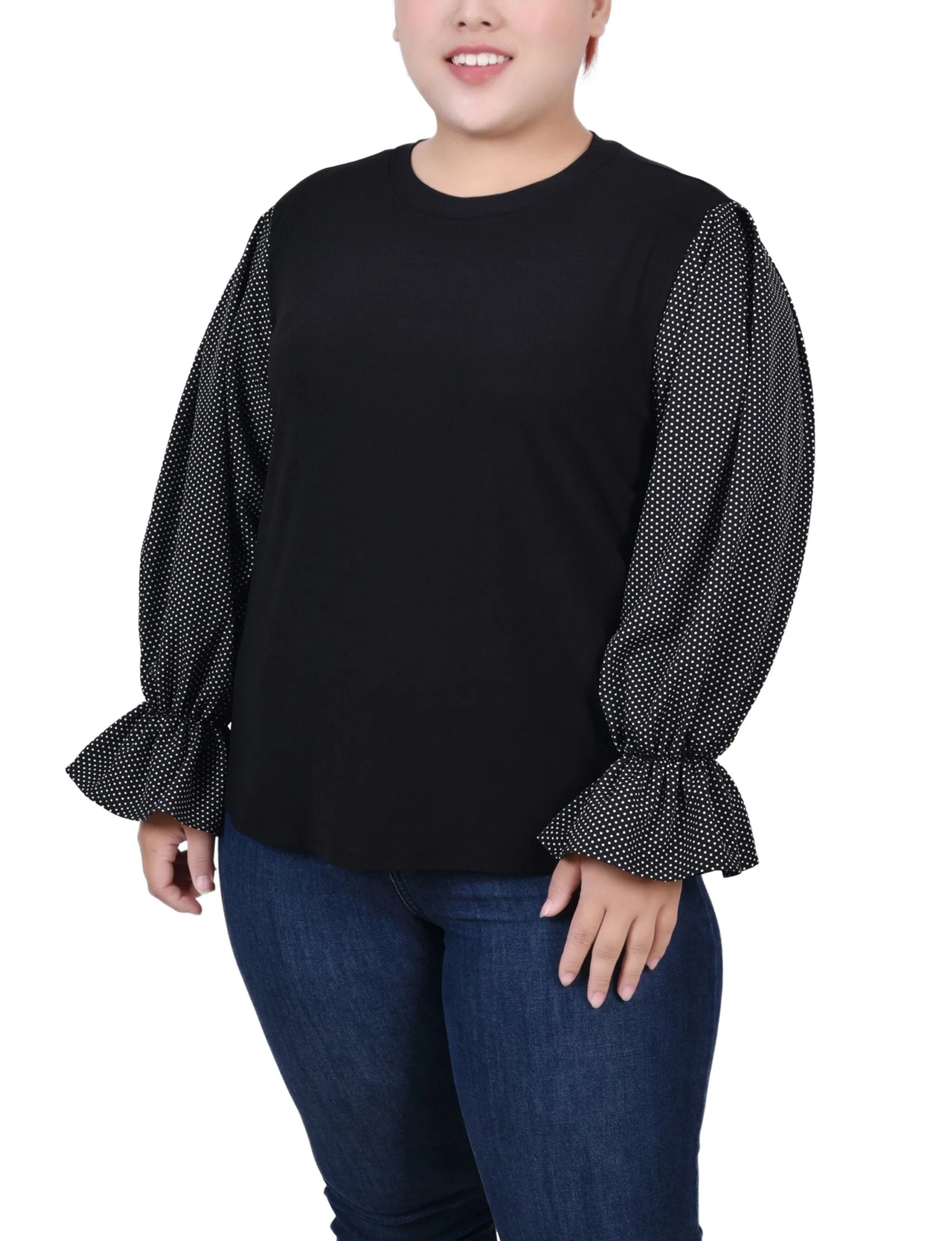 UVProtectionCoating Plus Size Long Sleeve Top With Printed Sleeves
