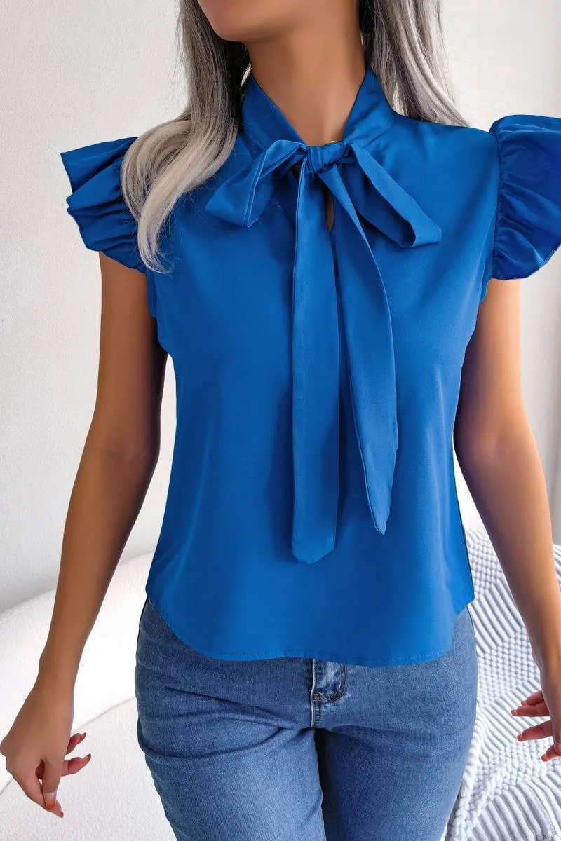 Breathable Construction AGARIC EDGE TIE BOW CHIFFON BLOUSE_CWTSTSL0033