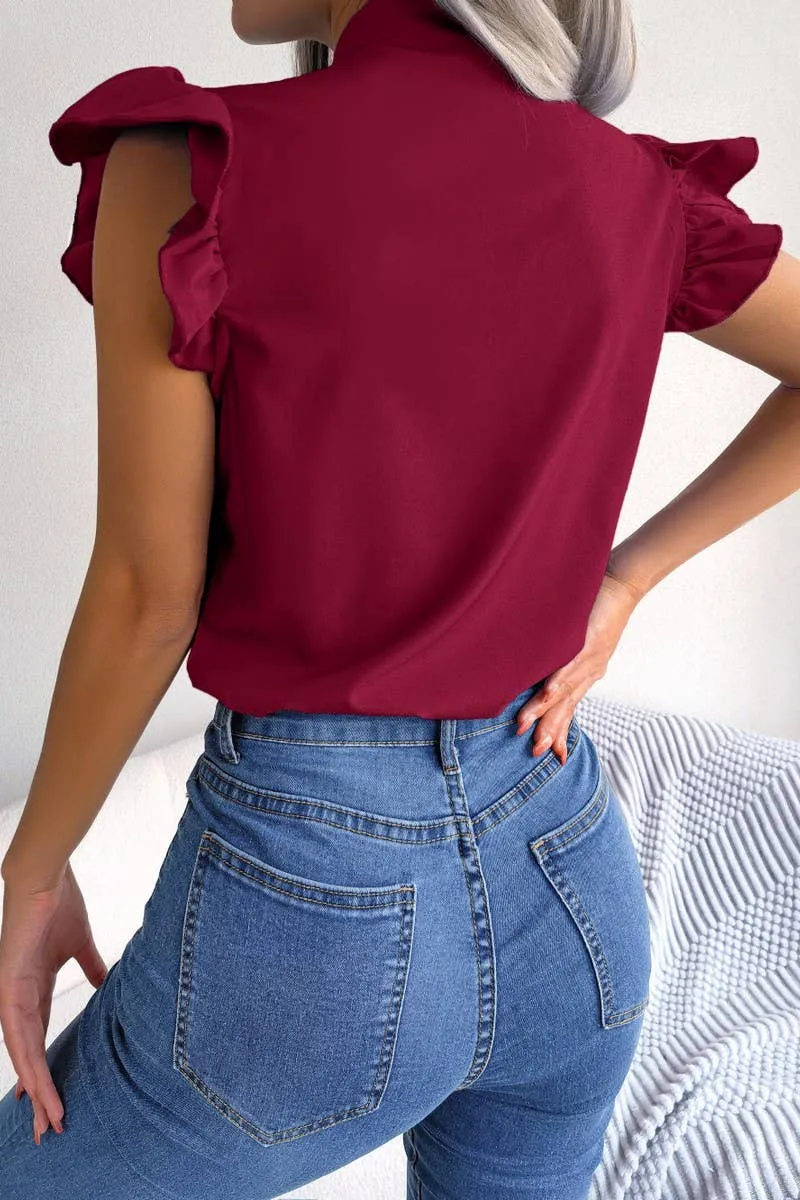 Odor Resistant HighDensityFoam AGARIC EDGE TIE BOW CHIFFON BLOUSE_CWTSTSL0033