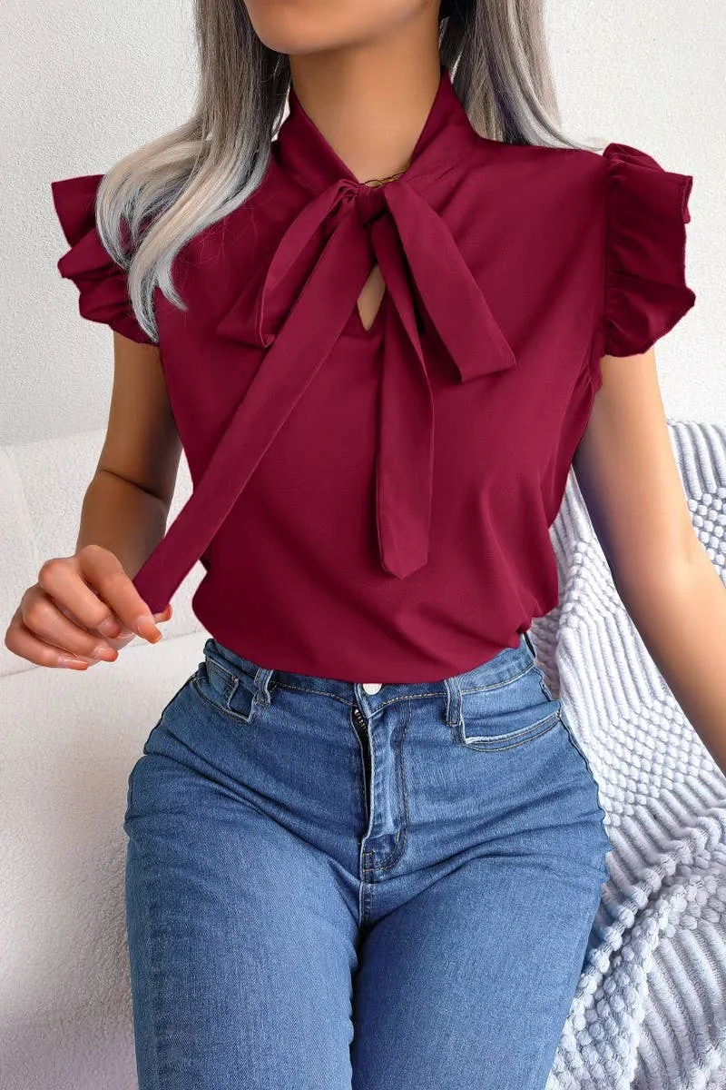 Water Repellent Finish AGARIC EDGE TIE BOW CHIFFON BLOUSE_CWTSTSL0033
