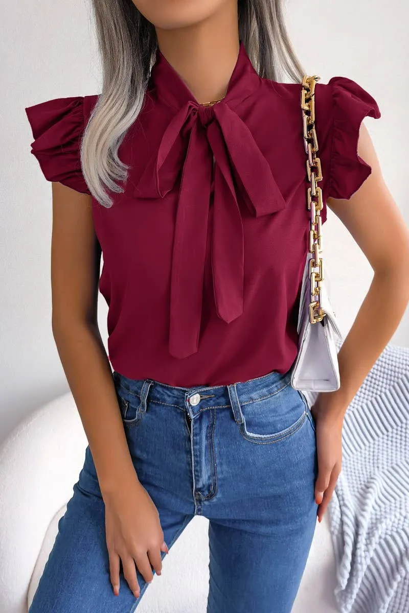 AGARIC EDGE TIE BOW CHIFFON BLOUSE_CWTSTSL0033 QuickDry Textile LoopwheelFabric